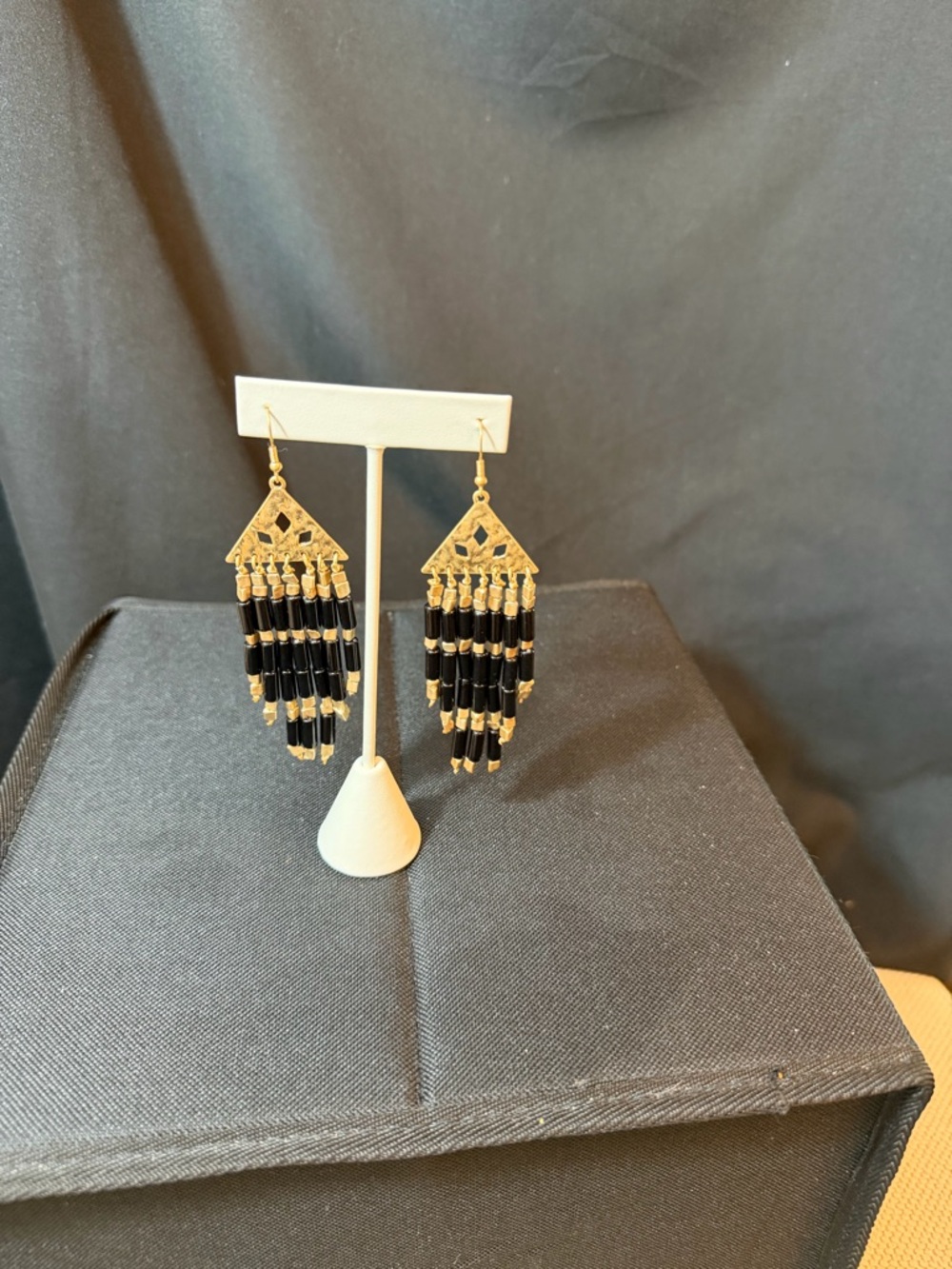 Plunder Gold-Tone Earrings with Black Beaded Fringe